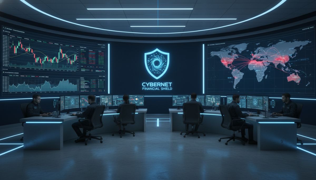 A professional, modern cybersecurity command center with large digital displays showing financial market data, network traffic maps, and a glowing blue digital shield icon symbolizing financial security and cyber insurance protection.