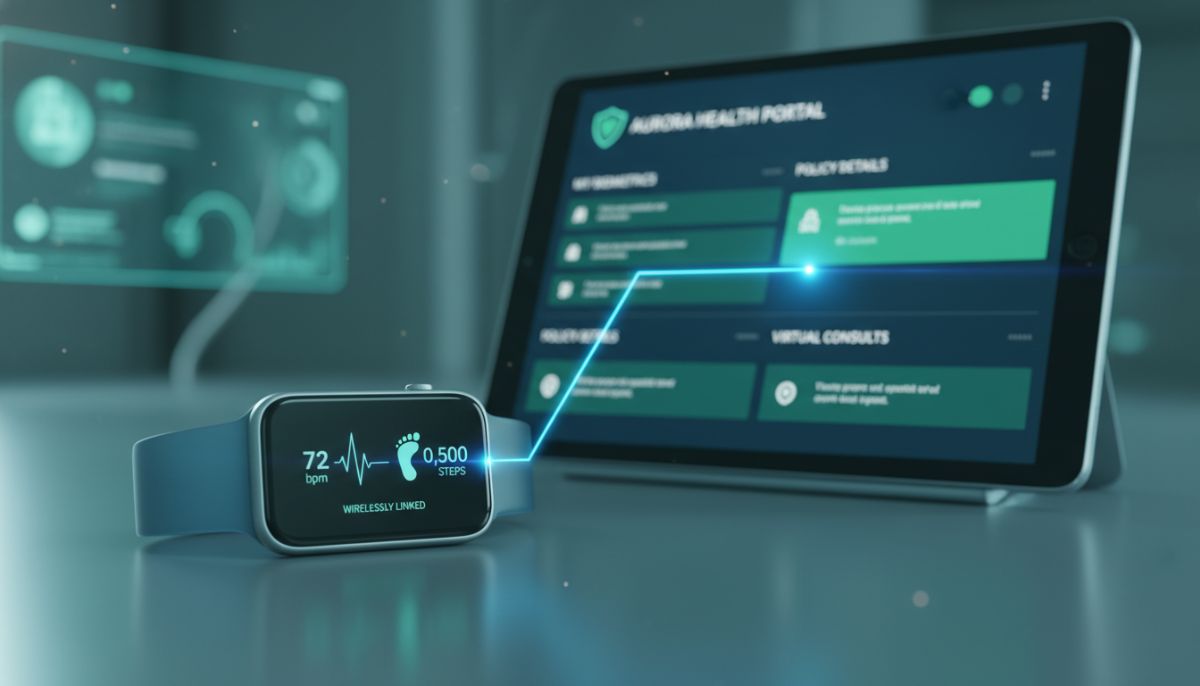 A futuristic medical and tech concept showing a smartwatch displaying biometric data like heart rate and step count, linked wirelessly to a secure digital health insurance portal on a tablet, professional and clean aesthetic, corporate blue and green tones