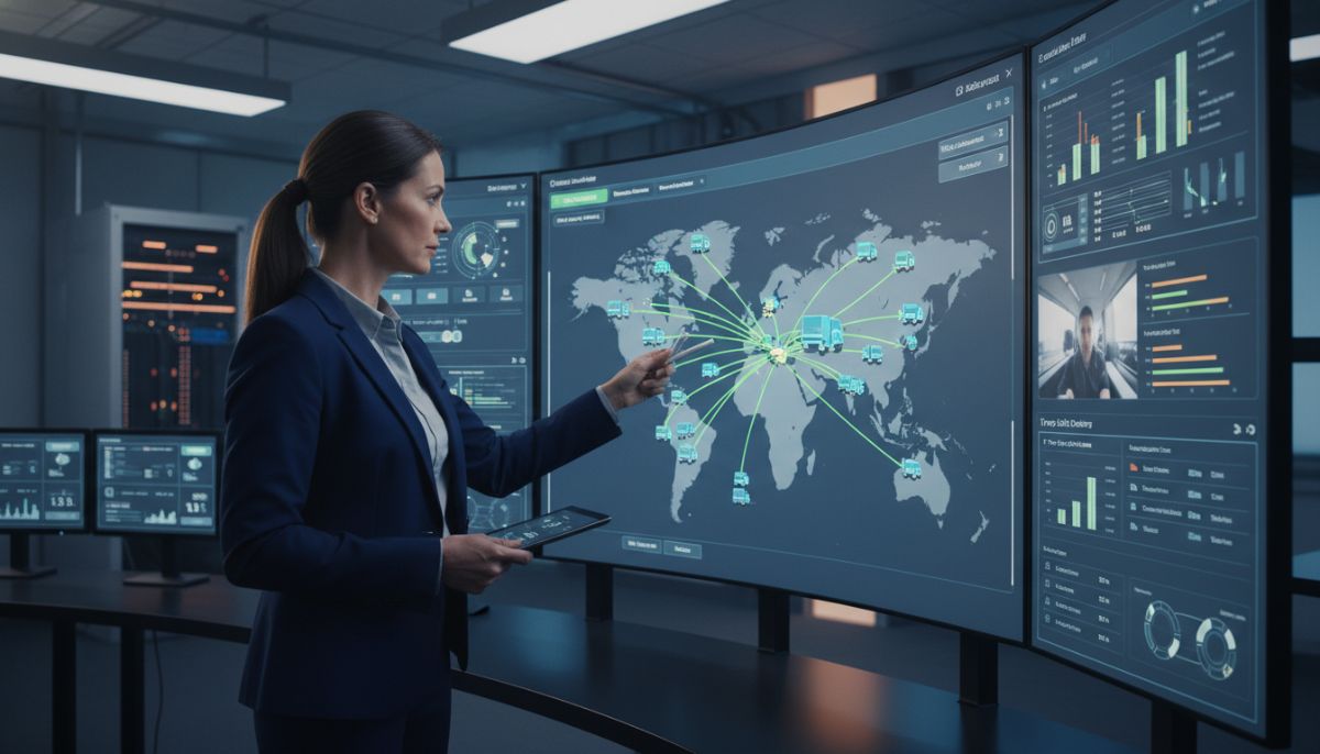 A professional logistics manager in a high-tech control center analyzing commercial truck fleet tracking software on multiple large screens, showing GPS routing and driver safety telemetry data in real-time.