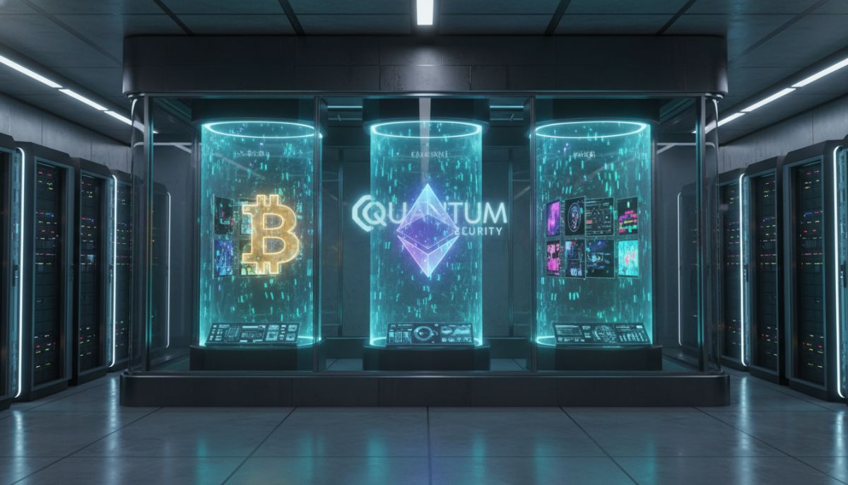 A sleek, high-tech digital security vault with holographic representations of Bitcoin, Ethereum, and digital art canvases floating inside glowing protective force fields, formal corporate aesthetic
