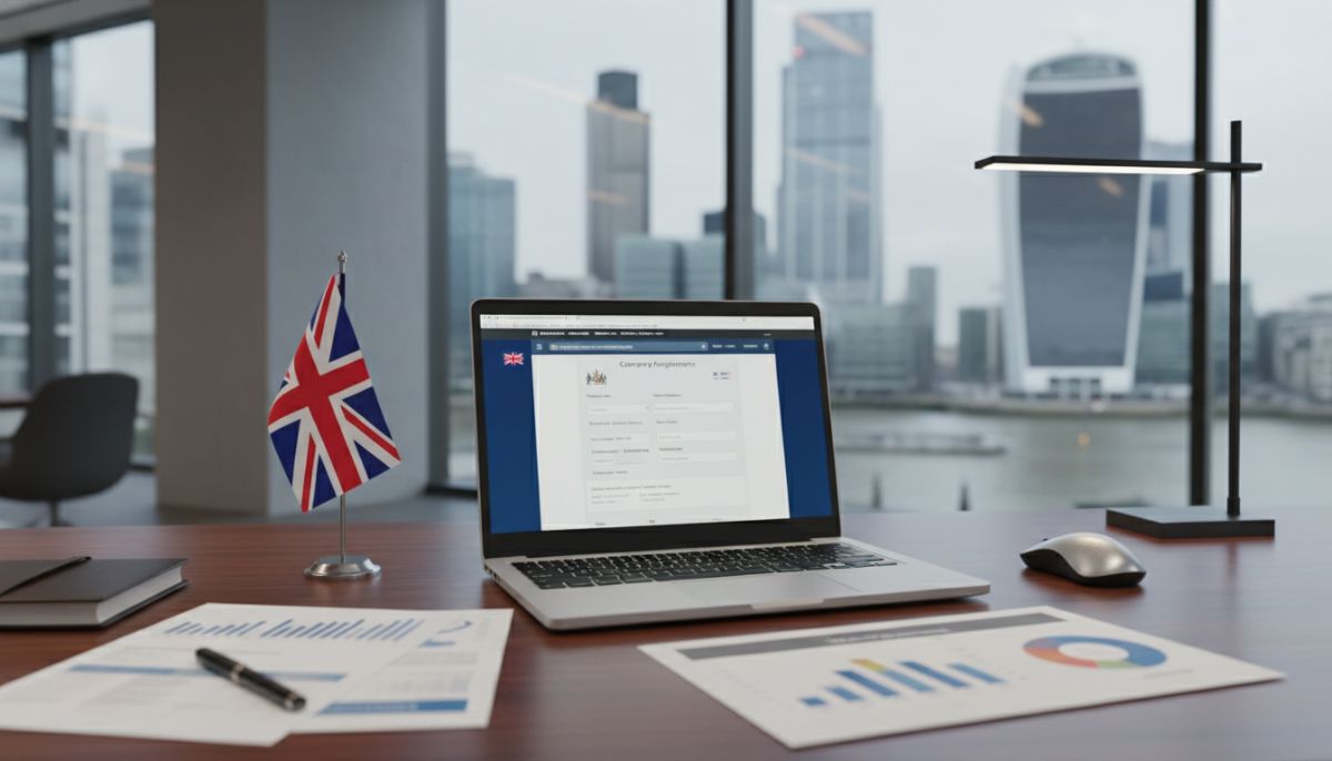 A professional modern corporate office desk in London with a laptop displaying a UK company registration portal, British flag on a small desk stand, financial documents, and glass windows overlooking London skyscrapers in a clean, corporate photography style