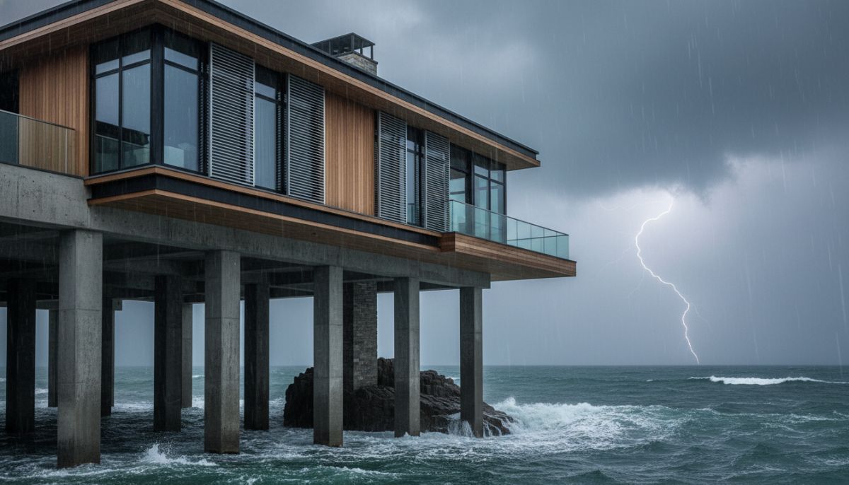 A luxurious modern coastal house built on concrete stilts overlooking a stormy ocean, with reinforced impact-resistant windows and storm shutters visible, professional architectural photography style, dramatic sky