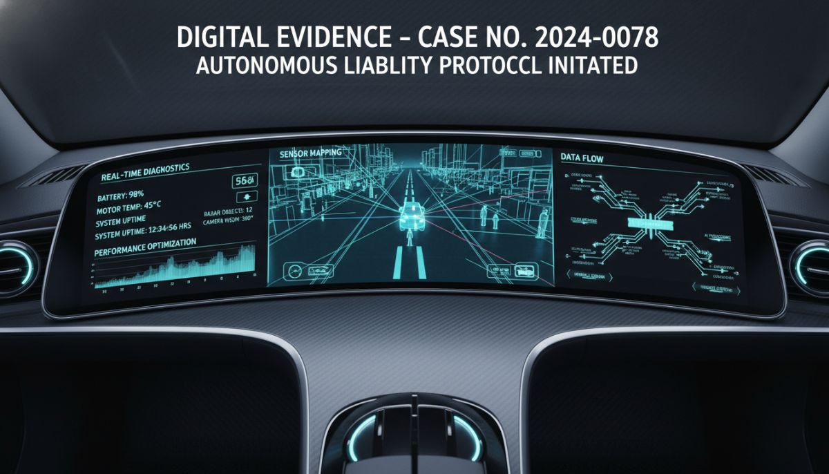 A sleek, modern autonomous vehicle dashboard showing real-time diagnostic telemetry, sensor mapping, and data flow overlays on a high-tech screen, symbolizing the digital evidence used in modern liability cases.