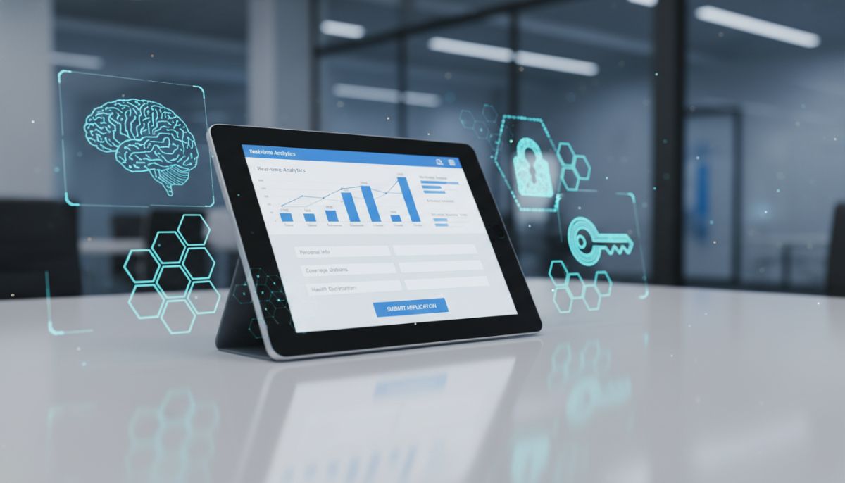 A sleek digital tablet displaying an interactive insurance application interface with real-time analytics graphs, a modern clean user interface with blue and white color theme, surrounded by abstract symbols of artificial intelligence and security keys on a clean, professional corporate desk background