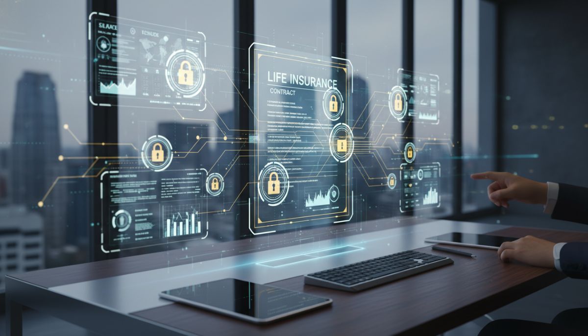 A professional modern workspace showing a clean holographic interface of a digital life insurance contract, integrated with AI data visualizations, network nodes, and secure padlock icons, ultra-realistic, corporate blue and gold color scheme