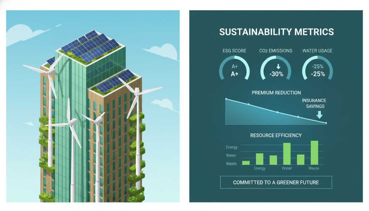 A professional split-screen concept art showing on the left a modern green corporate building with wind turbines and solar panels, and on the right a digital dashboard displaying sustainability metrics, ESG score improvement, and premium reduction charts, clean corporate aesthetic, vector style