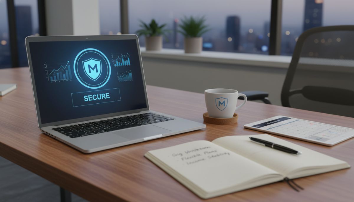 A professional modern workspace with a laptop displaying a secure shield icon and financial charts, with a cup of coffee and notebook nearby, symbolizing micro-insurance protection for independent gig workers, photorealistic style, 4k resolution