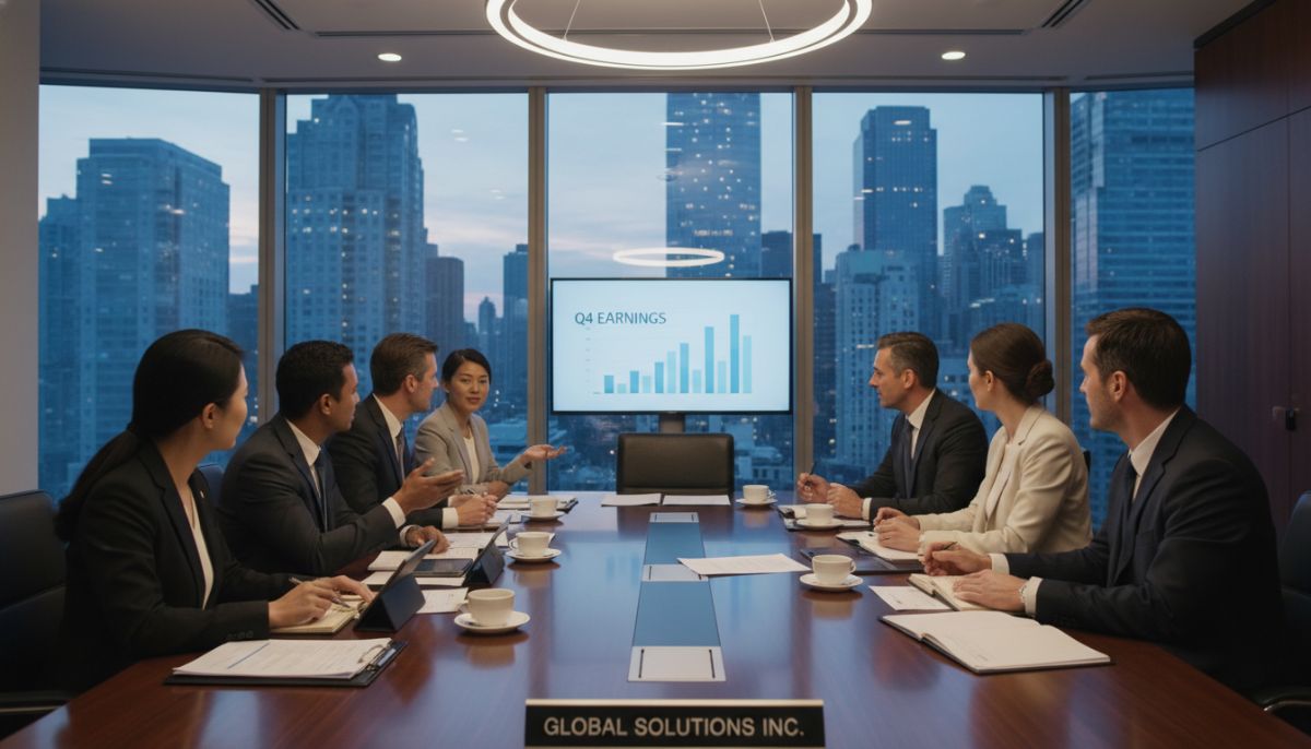 A professional corporate boardroom meeting with diverse executives discussing financial documents, modern glass windows showing a city skyline, corporate, professional, highly detailed, realistic style